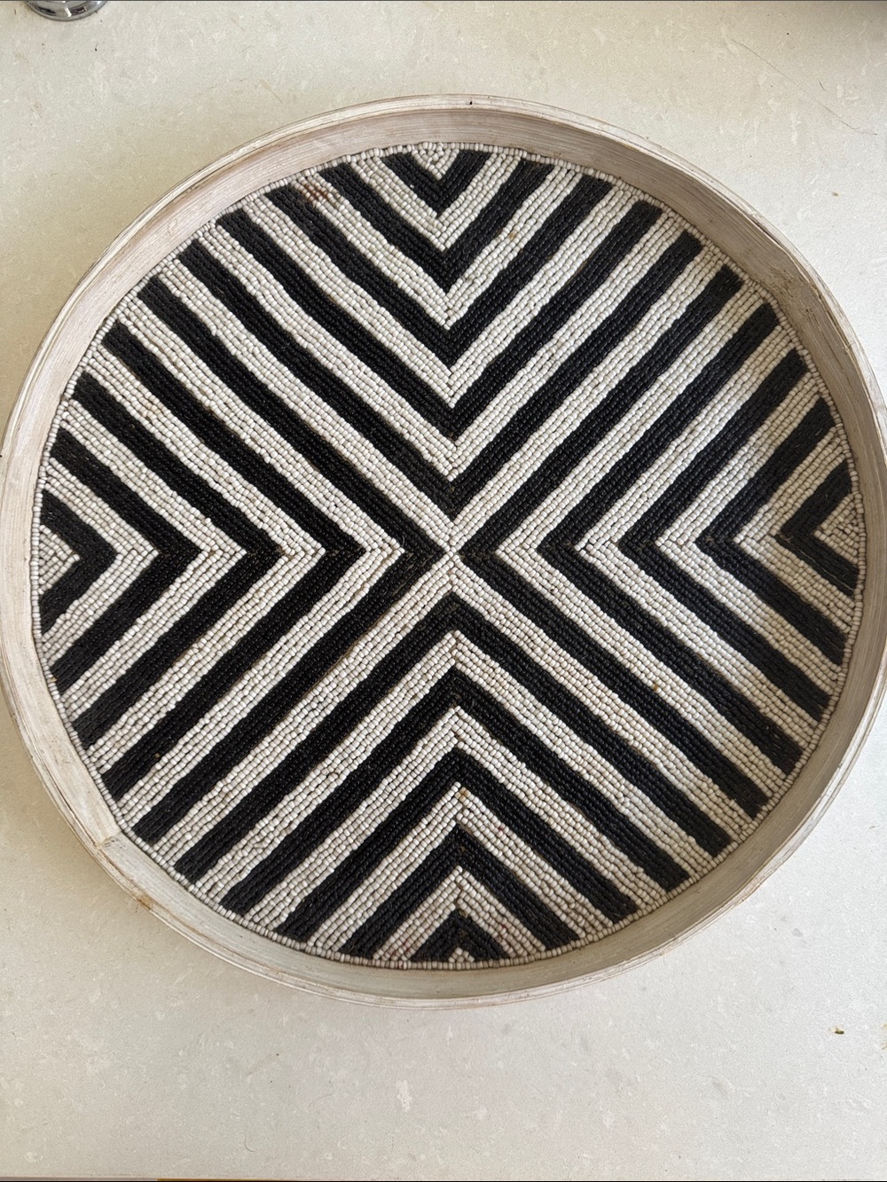 Round Beaded Geometric Tray - Black & white.